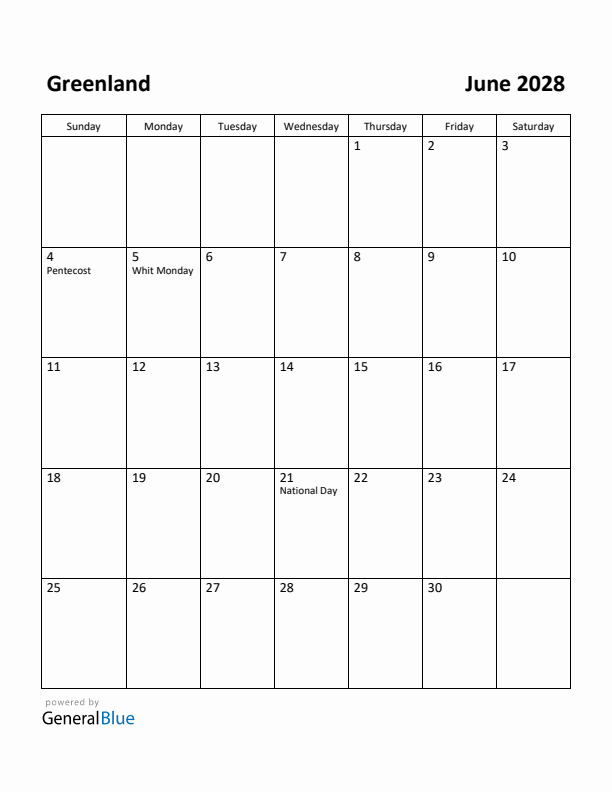 June 2028 Calendar with Greenland Holidays