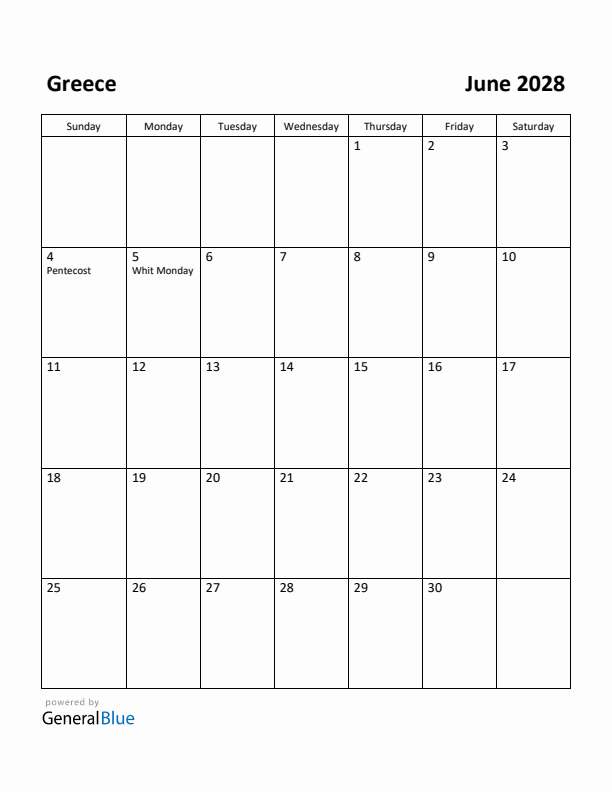 June 2028 Calendar with Greece Holidays