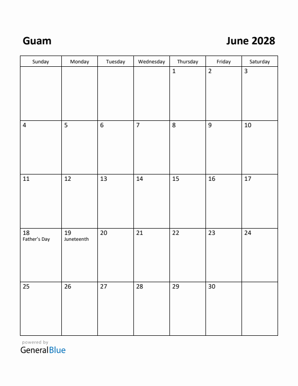 June 2028 Calendar with Guam Holidays