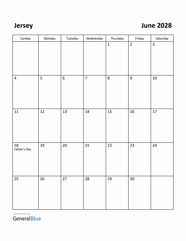 June 2028 Calendar with Jersey Holidays