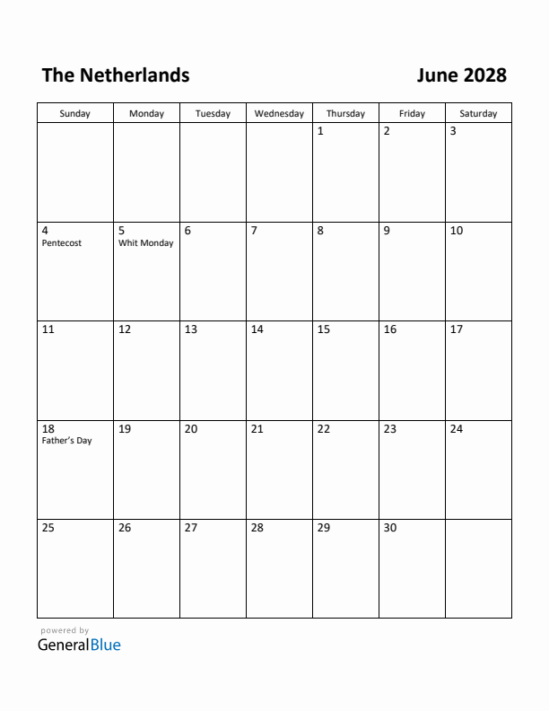 June 2028 Calendar with The Netherlands Holidays