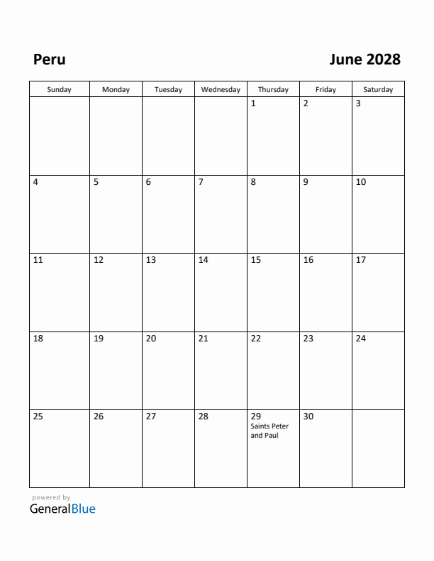 June 2028 Calendar with Peru Holidays