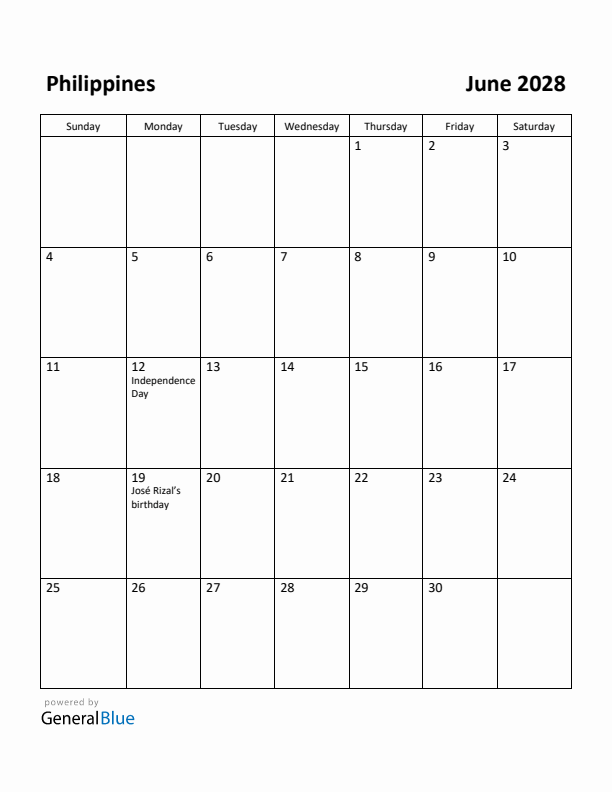 June 2028 Calendar with Philippines Holidays