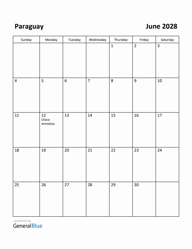 June 2028 Calendar with Paraguay Holidays