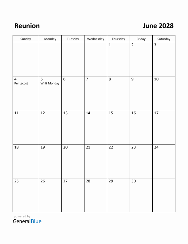 June 2028 Calendar with Reunion Holidays