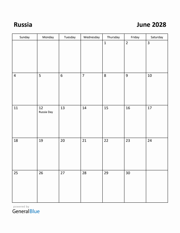 June 2028 Calendar with Russia Holidays