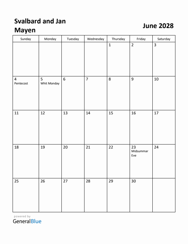 June 2028 Calendar with Svalbard and Jan Mayen Holidays