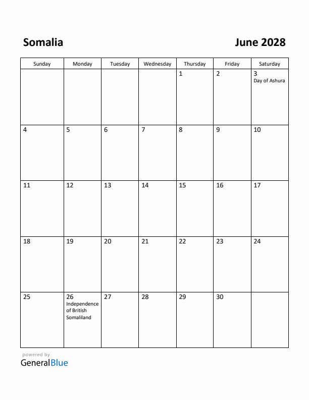 June 2028 Calendar with Somalia Holidays