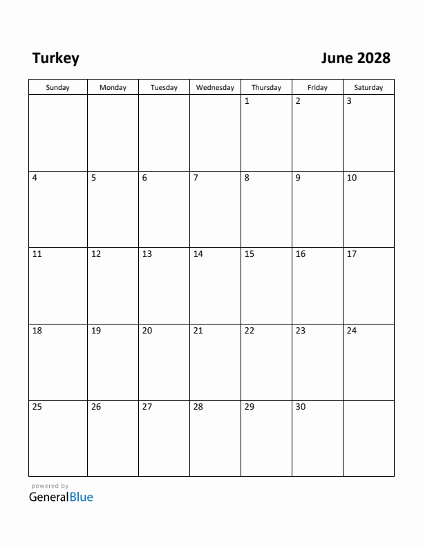 June 2028 Calendar with Turkey Holidays