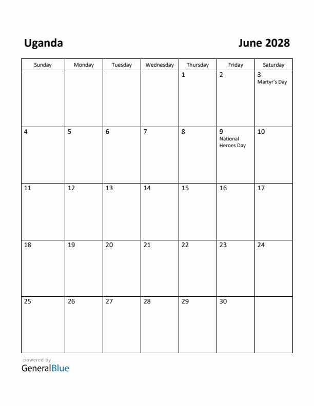 June 2028 Calendar with Uganda Holidays