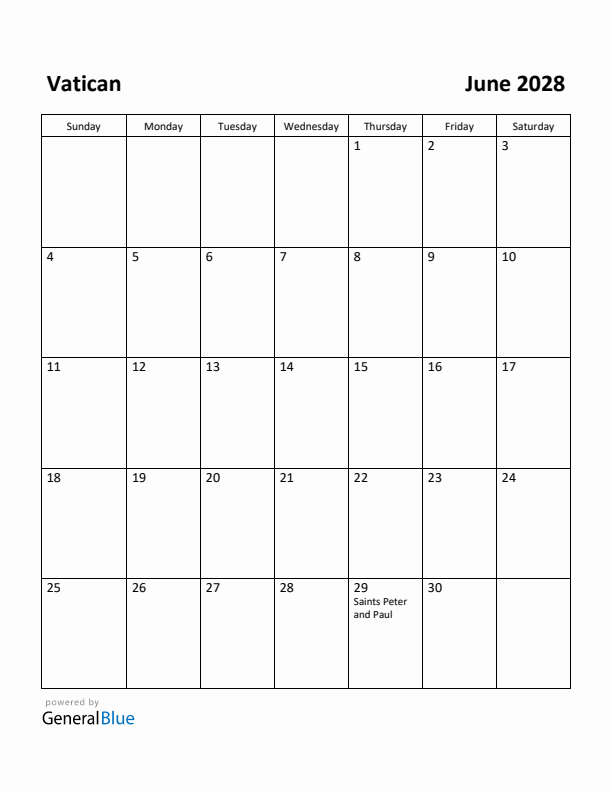 June 2028 Calendar with Vatican Holidays