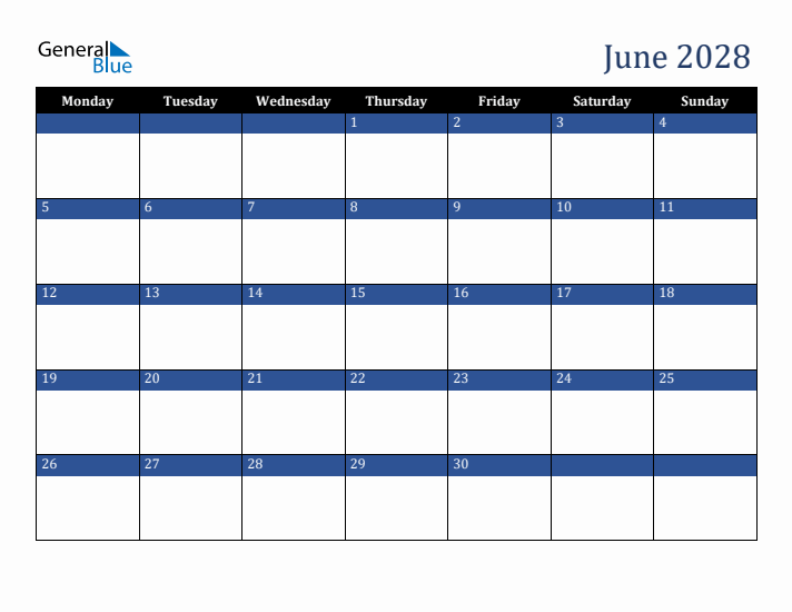 Monday Start Calendar for June 2028