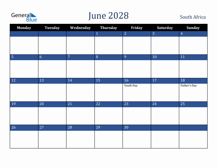 June 2028 South Africa Calendar (Monday Start)