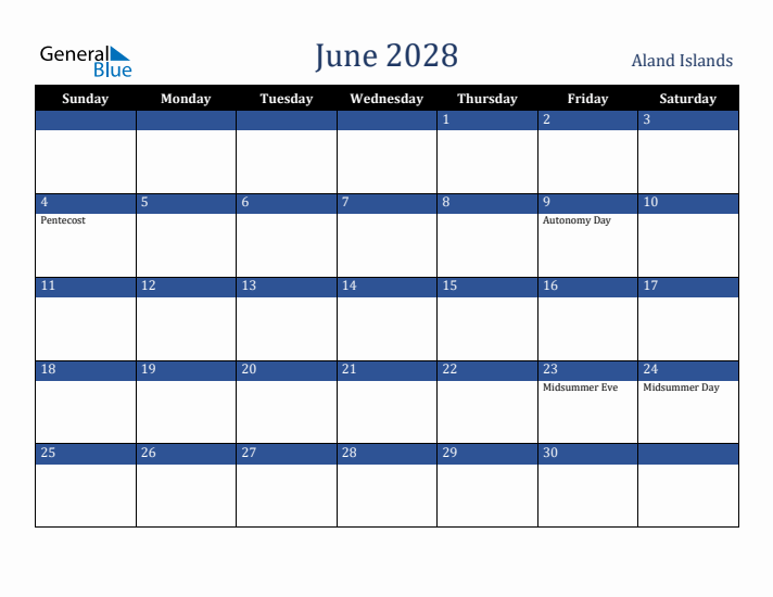 June 2028 Aland Islands Calendar (Sunday Start)