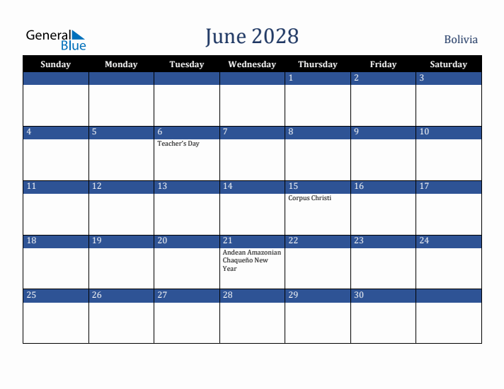 June 2028 Bolivia Calendar (Sunday Start)