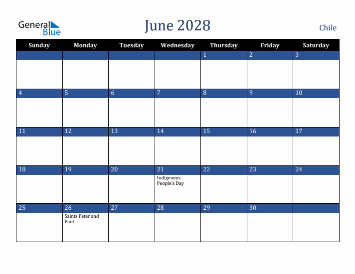 June 2028 Chile Calendar (Sunday Start)