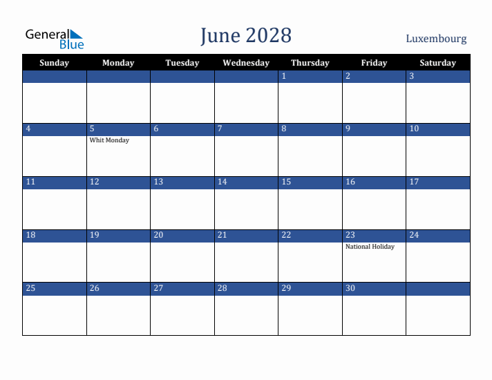 June 2028 Luxembourg Calendar (Sunday Start)