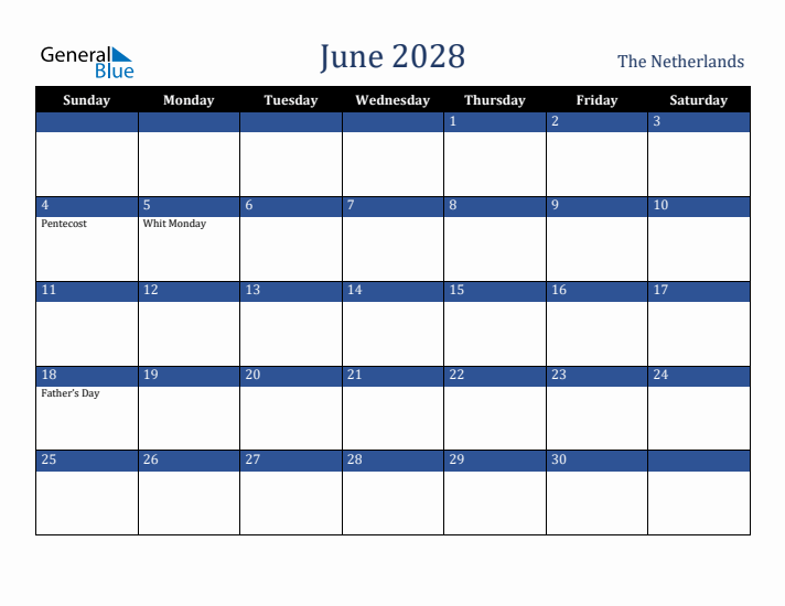 June 2028 The Netherlands Calendar (Sunday Start)