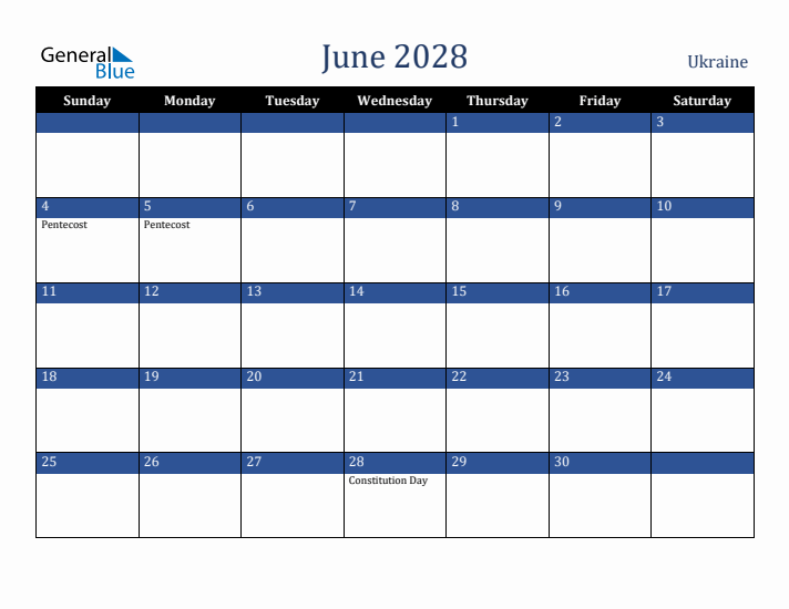 June 2028 Ukraine Calendar (Sunday Start)