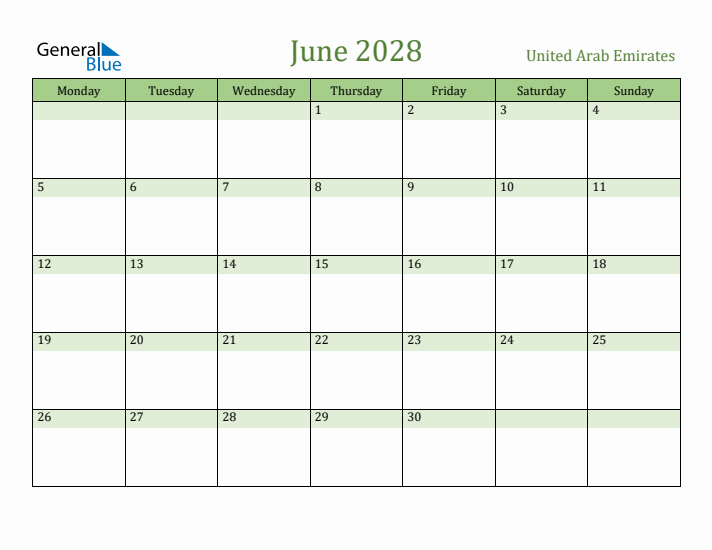 June 2028 Calendar with United Arab Emirates Holidays