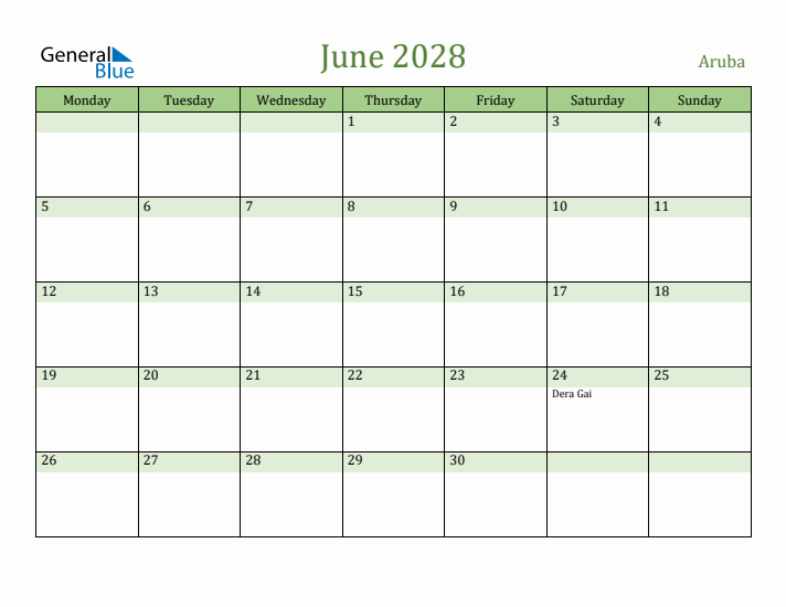 June 2028 Calendar with Aruba Holidays