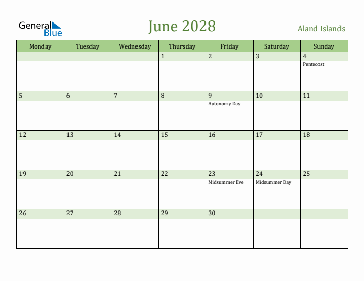 June 2028 Calendar with Aland Islands Holidays