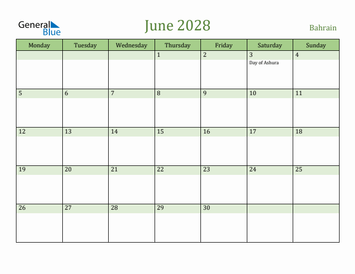 June 2028 Calendar with Bahrain Holidays