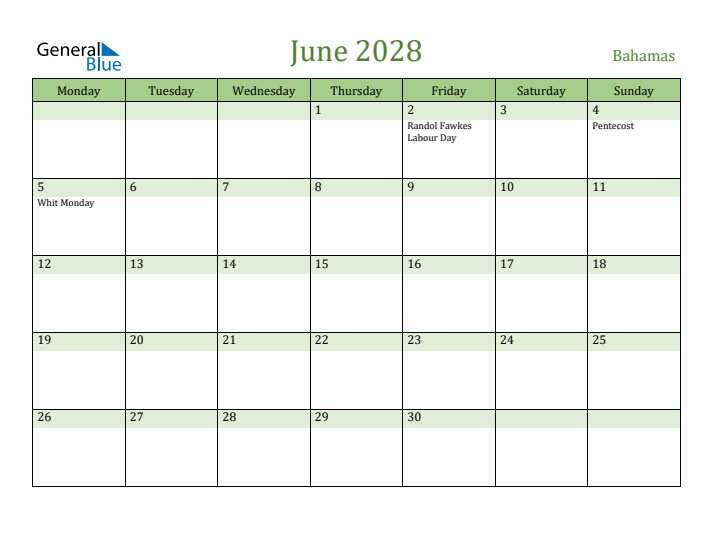 June 2028 Calendar with Bahamas Holidays