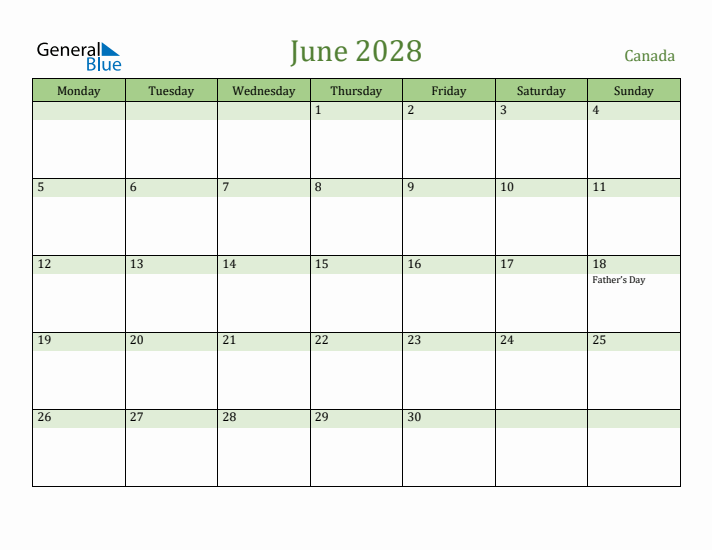 June 2028 Calendar with Canada Holidays