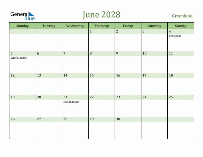 June 2028 Calendar with Greenland Holidays