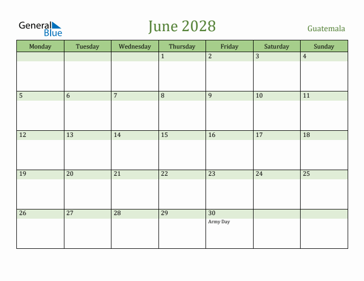 June 2028 Calendar with Guatemala Holidays