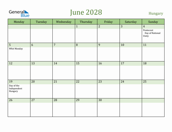 June 2028 Calendar with Hungary Holidays