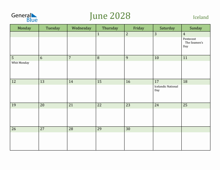 June 2028 Calendar with Iceland Holidays