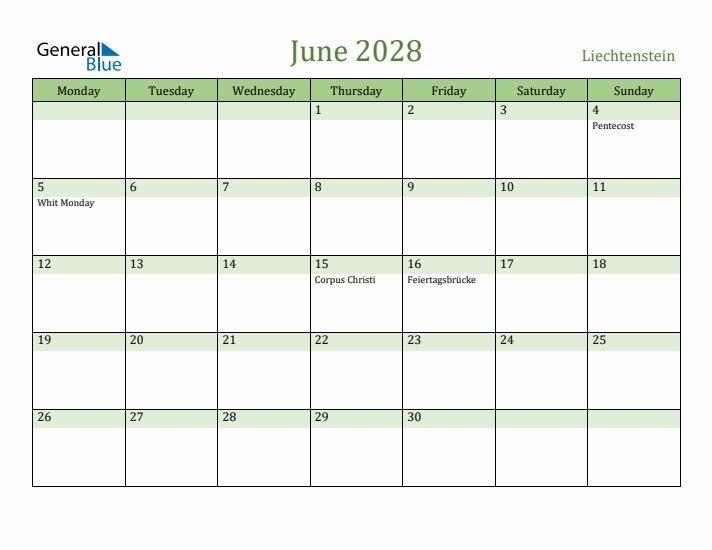 June 2028 Calendar with Liechtenstein Holidays