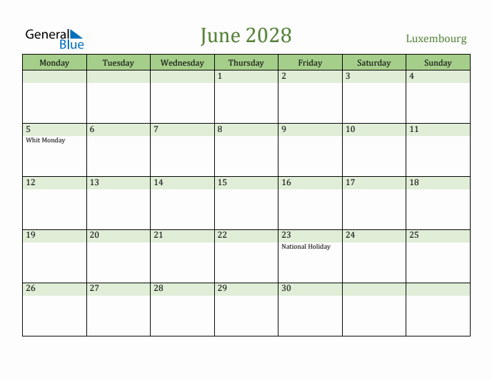 June 2028 Calendar with Luxembourg Holidays