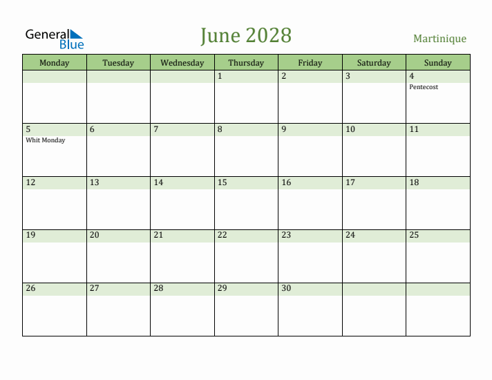 June 2028 Calendar with Martinique Holidays