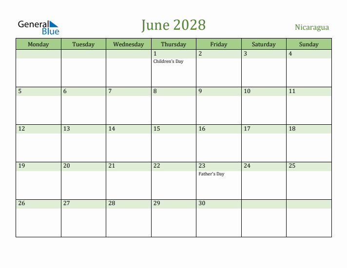 June 2028 Calendar with Nicaragua Holidays