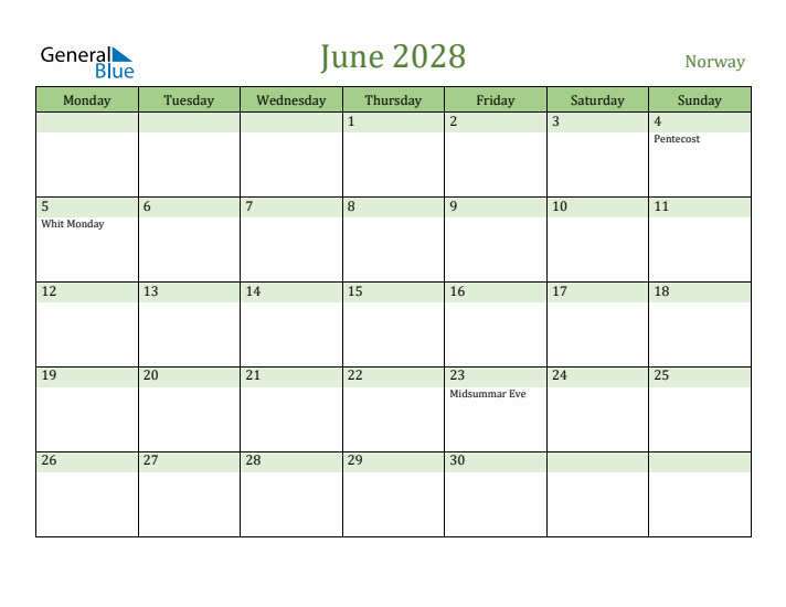 June 2028 Calendar with Norway Holidays