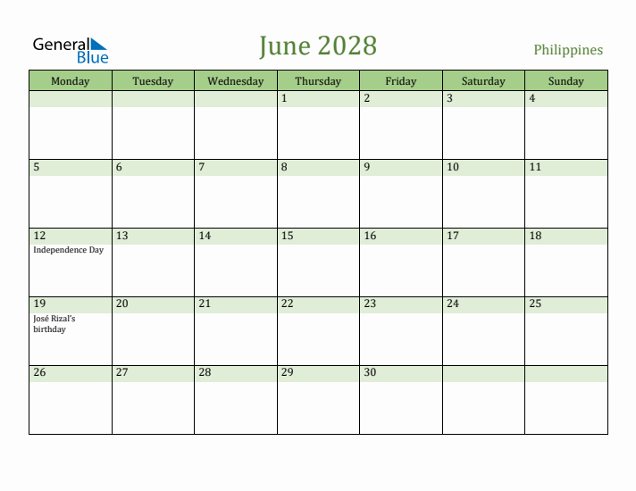 June 2028 Calendar with Philippines Holidays