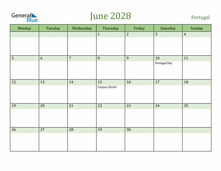 June 2028 Calendar with Portugal Holidays