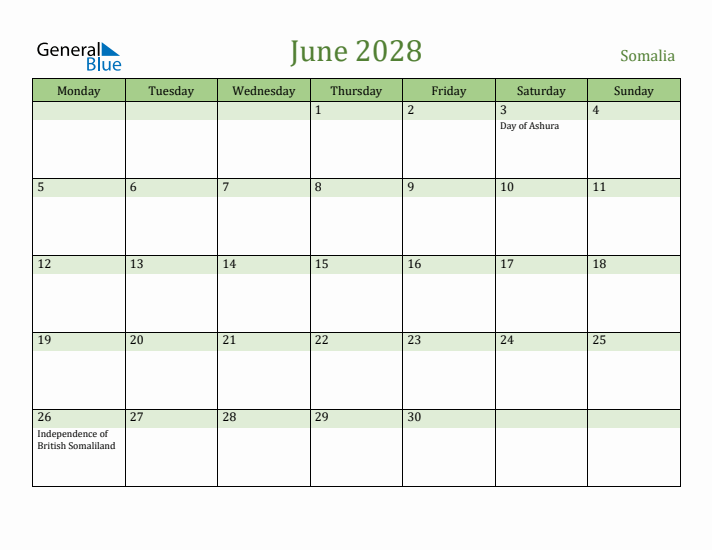 June 2028 Calendar with Somalia Holidays