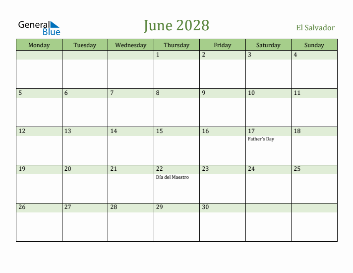 June 2028 Calendar with El Salvador Holidays