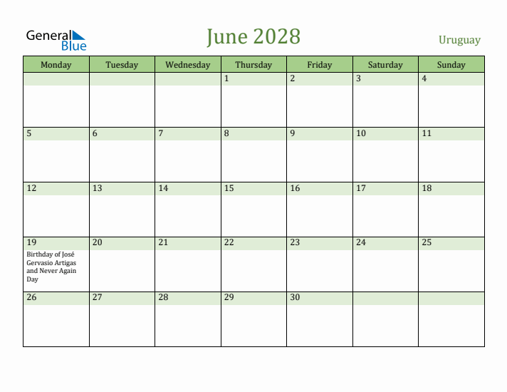 June 2028 Calendar with Uruguay Holidays