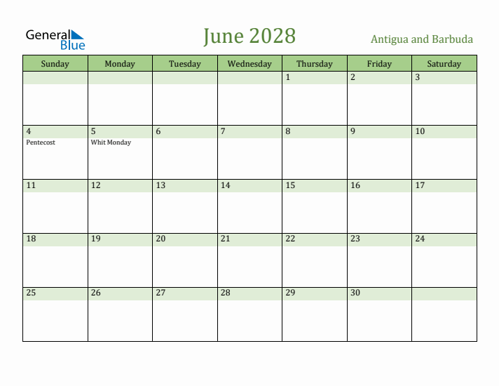 June 2028 Calendar with Antigua and Barbuda Holidays