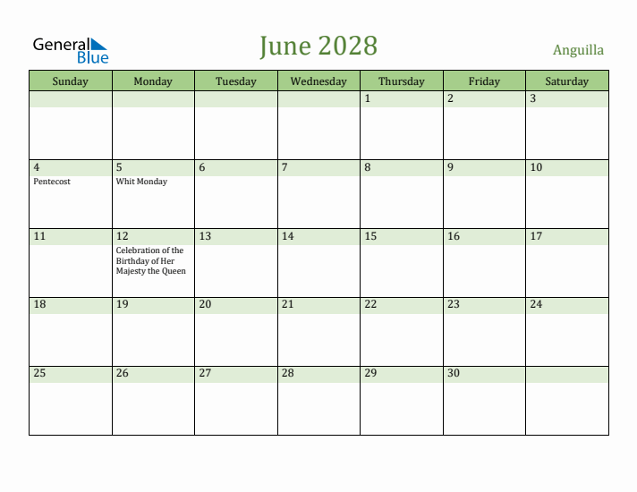 June 2028 Calendar with Anguilla Holidays