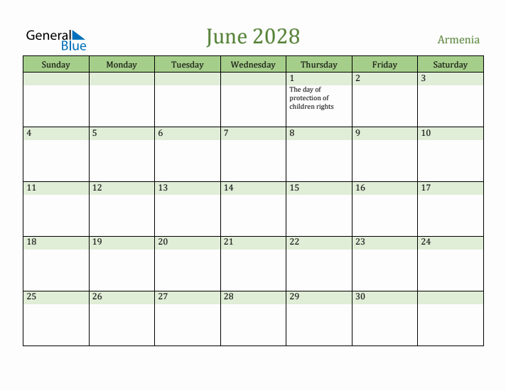 June 2028 Calendar with Armenia Holidays