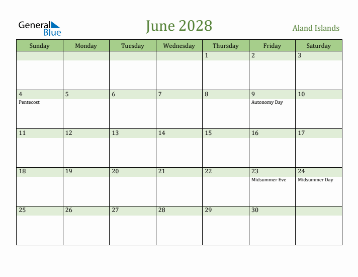 June 2028 Calendar with Aland Islands Holidays