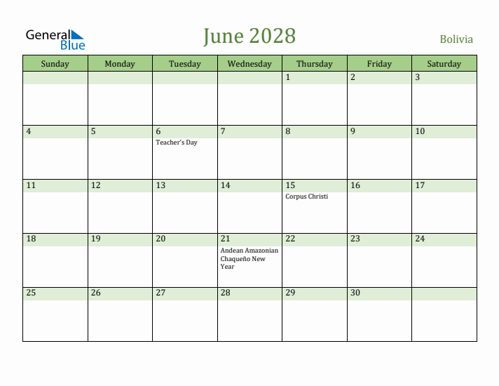 June 2028 Calendar with Bolivia Holidays