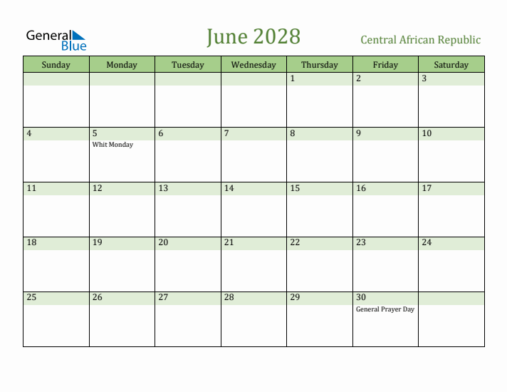 June 2028 Calendar with Central African Republic Holidays