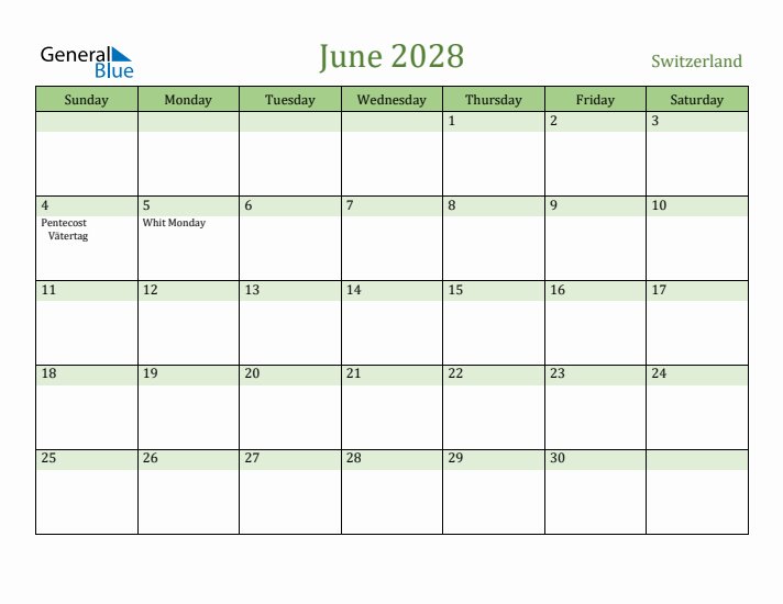 June 2028 Calendar with Switzerland Holidays